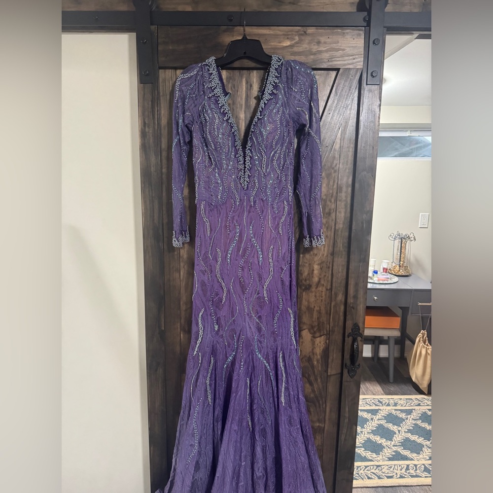 Custom Mac Duggal Purple Long Sleeve Gown